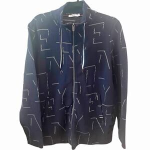 CECIL LONG SLV FRONT ZIP RIBBED JACKET, WOMENS, L, NAVY BLUE-WHITE ABSTR PATTERN